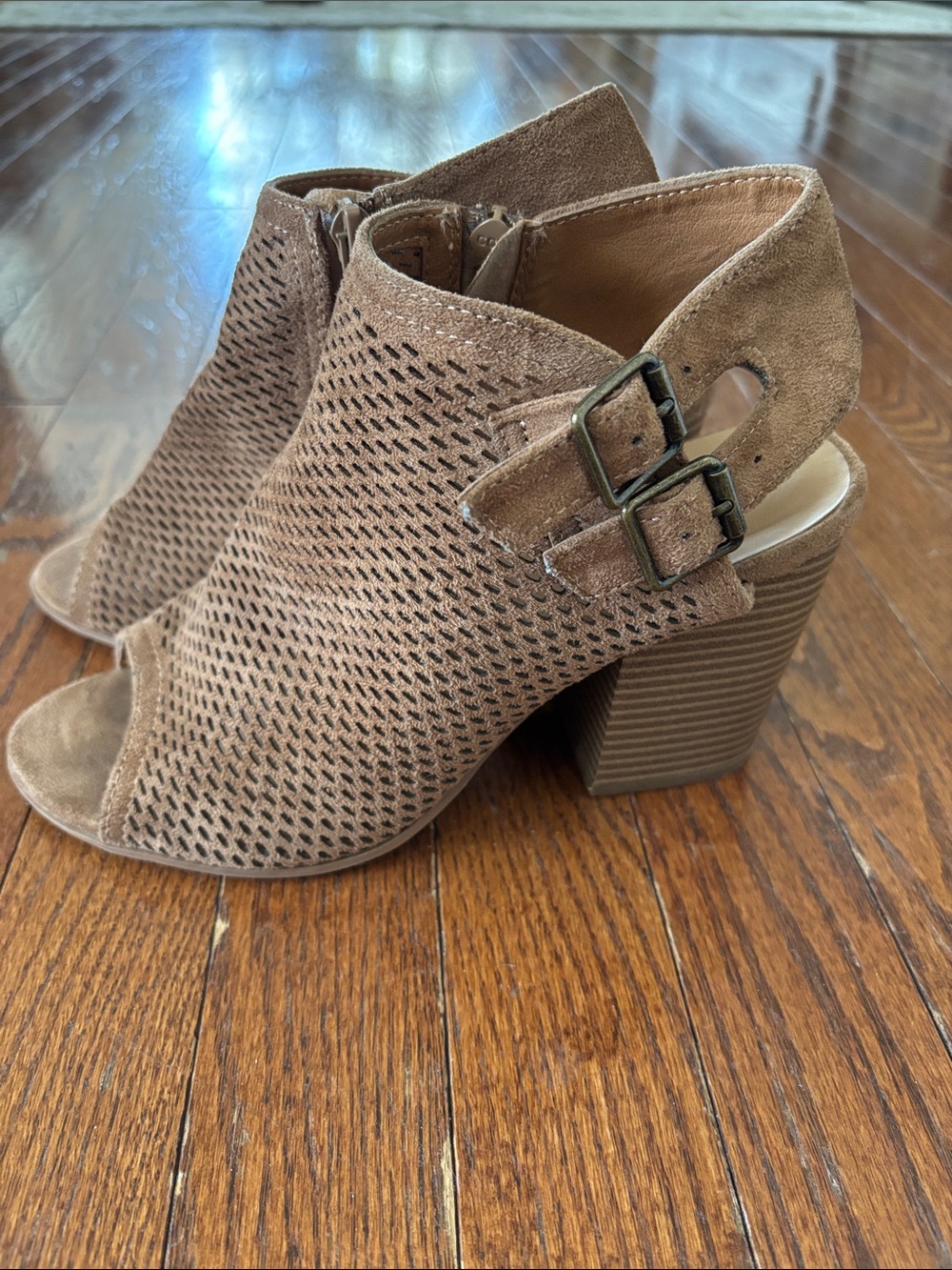 Peep-Toe Perforated Block Heel Sandal in Taupe Suede